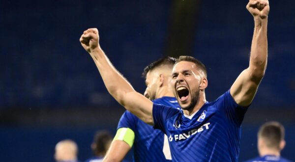 20.08.2024., stadion Maksimir, Zagreb - Prva utakmica play-offa za ulazak u UEFA Ligu prvaka, GNK Dinamo - FK Qarabag. Marko Pjaca slavi postignuti pogodak za vodstvo Dinama 1:0. Photo: Josip Regovic/PIXSELL