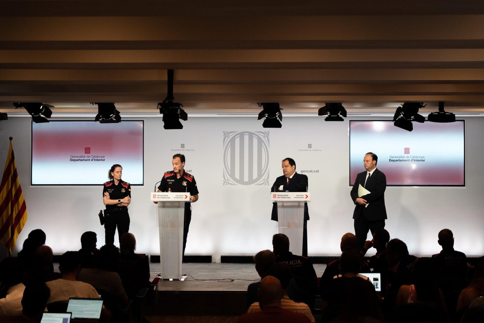 Press conference of the Catalan police together with the Minister of the Interior of the Generalitat to explain yesterday's escape of Carles Puigdemont, where the former President of the Generalitat appeared to give his speech and then disappeared.

Rueda de prensa de la policía catalana junto con el consejero de Interior de la Generalitat, para explicar la fuga de ayer de Carles Puigdemont, donde el expresidente de la Generalitat apareció para realizar su discurso y posteriormente desapareció.

in the pic:Joan Ignasi Elena,Pere Ferrer, eduard sallent,rosa bosch

News Politics -Barcelona, Spain 

Friday, August 9, 2024,Image: 897322085, License: Rights-managed, Restrictions: *** World Rights Except China, France, and Italy *** CHNOUT FRAOUT ITAOUT, Model Release: no, Credit line: LaPresse / ddp USA / Profimedia