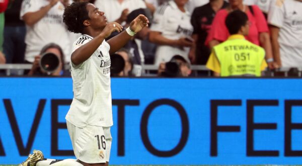 Real Madrid's Brazilian forward #16 Endrick celebrates scoring his team's third goal during the Spanish league football match between Real Madrid CF and Real Valladolid FC at the Santiago Bernabeu stadium in Madrid on August 25, 2024.,Image: 901471192, License: Rights-managed, Restrictions: , Model Release: no, Credit line: Pierre-Philippe MARCOU / AFP / Profimedia