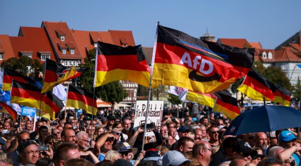 epa11575677 Supporters of far-right Alternative for Germany (AfD) party await the speech of faction chairman in the regional parliament of Thuringia Bjoern Hoecke, top candidate for the upcoming 2024 Thuringia state election during the final election campaign rally in Erfurt, Germany, 31 August 2024. Thuringia state election, voting for the regional parliament 'Landtag', will be held on 01 September 2024.  EPA/CLEMENS BILAN