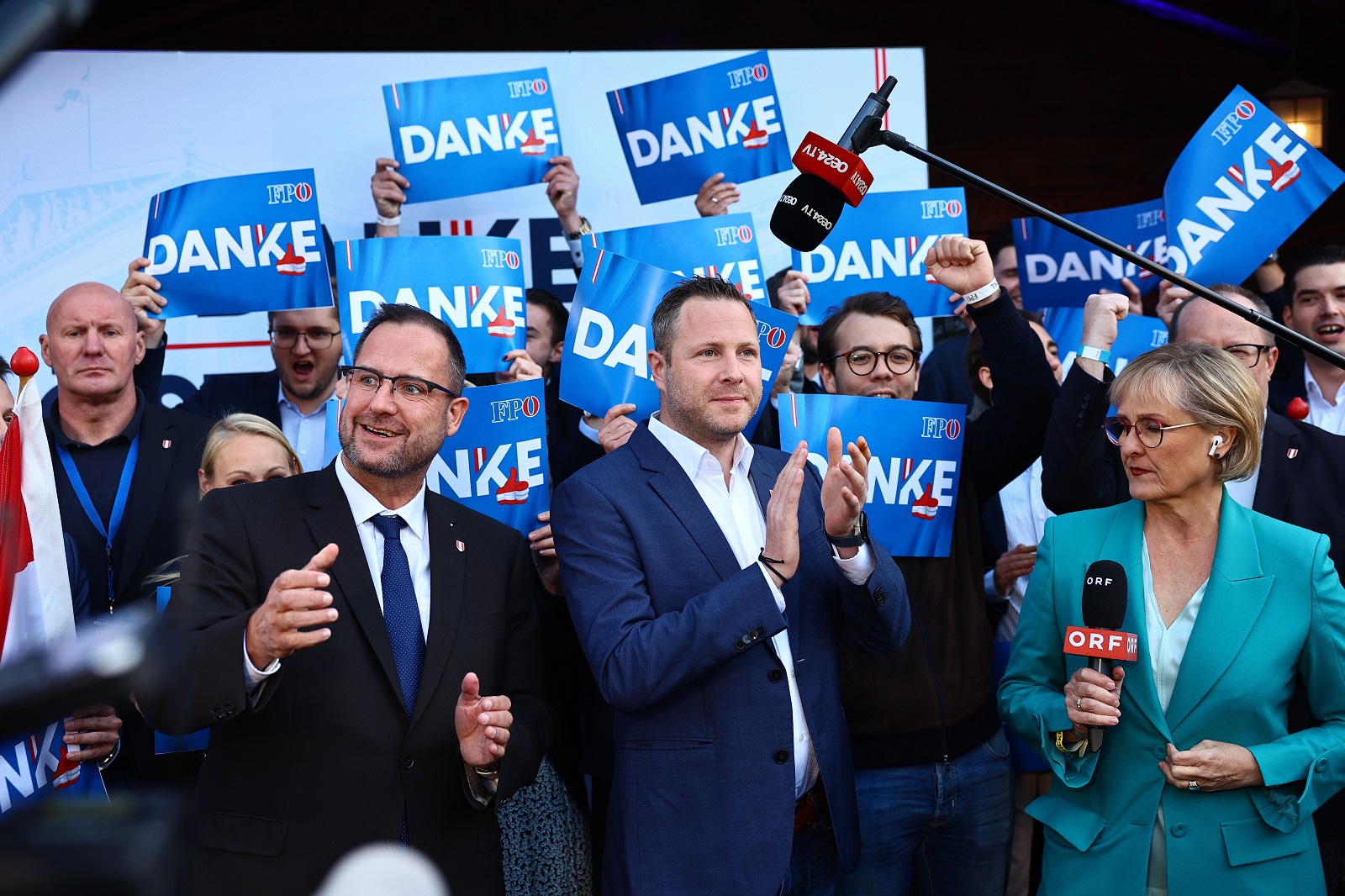 epa11632463 Members of the Freedom Party of Austria (FPOe) celebrate early voting results during parliamentary elections in Vienna, Austria, 29 September 2024. Austria's far-right Freedom Party is heading for an unprecedented general election victory under leader Herbert Kickl, according to projections.  EPA/FILIP SINGER