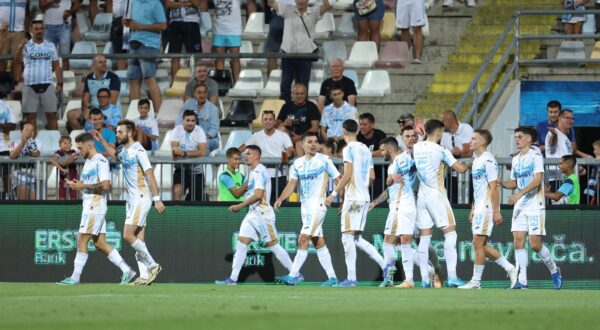 22.08.2024., stadion HNK Rijeka, Rijeka - Prva utakmica play-offa za ulazak u UEFA Konferencijsku ligu, HNK Rijeka - NK Olimpija. Slavlje nogometasa Rijeke nakon pogotka Franje Ivanovica za vodstvo 1:0. Photo: Nel Pavletic/PIXSELL