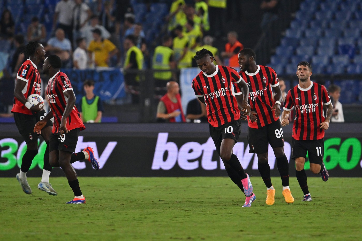 Rome: Rafael Leao of A.C. Milan celebrates after scoring the gol of 2-2 during the 3nd day of the Serie A Championship between S.S. Lazio and A.C. Milan at the Olympic Stadium on August 31, 2024 in Rome, Italy.,Image: 903736630, License: Rights-managed, Restrictions: * Italy Rights OUT *, Model Release: no, Credit line: Domenico Cippitelli/IPA Sport / Zuma Press / Profimedia