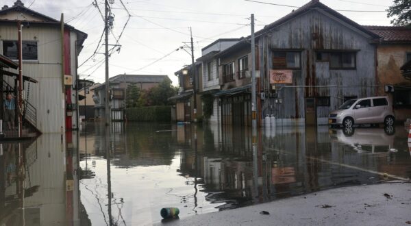 Streets are flooded in Ogaki in Gifu Prefecture, central Japan, on Aug. 31, 2024, after torrential rain brought by Typhoon Shanshan.,Image: 904053244, License: Rights-managed, Restrictions: , Model Release: no, Credit line: Kyodo/Newscom / Newscom / Profimedia