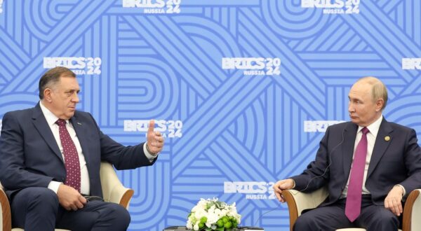 RUSSIA, REPUBLIC OF TATARSTAN - OCTOBER 25, 2024: Milorad Dodik, President of Republika Srpska, and his Russian counterpart Vladimir Putin hold a meeting on the sidelines of the 2024 BRICS Summit at the Kazan Expo International Exhibition Centre in Bolshiye Kabany, southeast of Kazan. Alexander Kazakov/Russian Presidential Press and Information Office/TASS,Image: 926090807, License: Rights-managed, Restrictions: , Model Release: no, Credit line: Alexander Kazakov / TASS / Profimedia