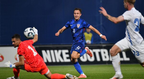 15.10.2024., Gradski stadion Ivan Kusek Apas, Koprivnica - Kvalifikacije za UEFA Europsko U-21 prvenstvo, skupina G, Hrvatska - Grcka. Lukas Kacavenda postize pogodak za vodstvo Hrvatske 1:0. Photo: Vjeran Zganec Rogulja/PIXSELL