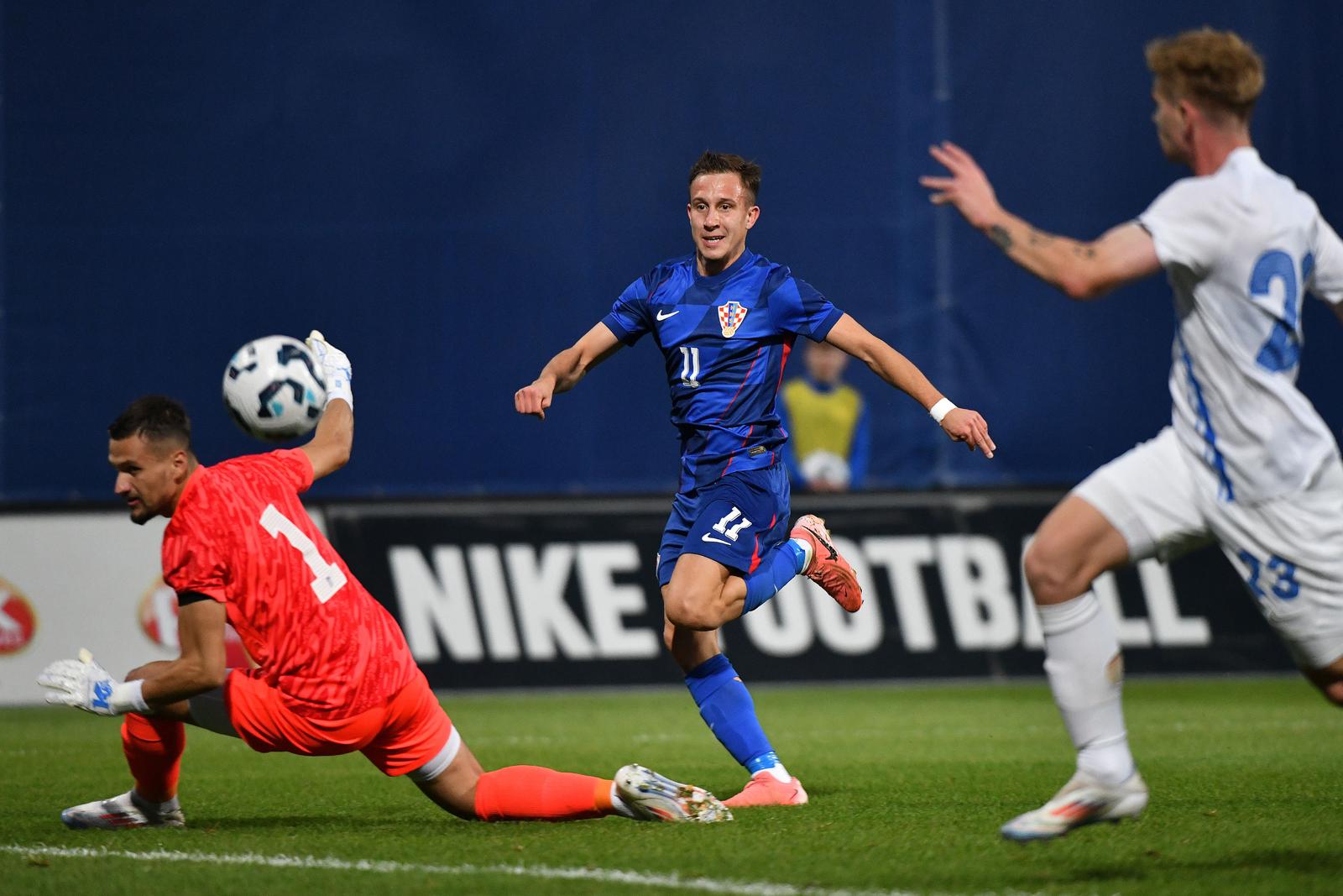 15.10.2024., Gradski stadion Ivan Kusek Apas, Koprivnica - Kvalifikacije za UEFA Europsko U-21 prvenstvo, skupina G, Hrvatska - Grcka. Lukas Kacavenda postize pogodak za vodstvo Hrvatske 1:0. Photo: Vjeran Zganec Rogulja/PIXSELL