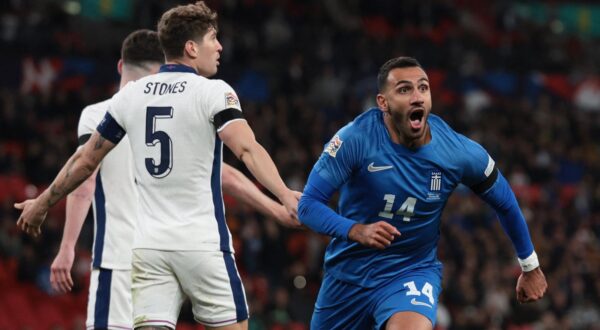 Soccer Football - UEFA Nations League - Group B2 - England v Greece - Wembley Stadium, London, Britain - October 10, 2024 Greece's Vangelis Pavlidis celebrates scoring their first goal Action Images via Reuters/Paul Childs Photo: Paul Childs/REUTERS