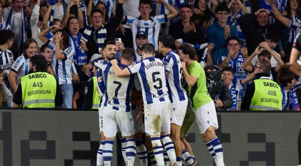 October 6, 2024, San Sebastian, Guipuzcoa, SPAIN: Luka Sucic of Real Sociedad celebrates after scoring goal during the LaLiga EA Sports match between Real Sociedad and Atletico de Madrid at Reale Arena on October 6, 2024, in San Sebastian, Spain.,Image: 917382738, License: Rights-managed, Restrictions: , Model Release: no, Credit line: Ricardo Larreina / Zuma Press / Profimedia