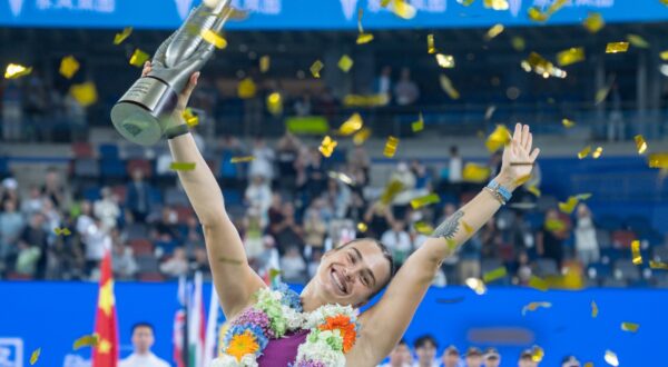 WUHAN, Oct. 13, 2024  -- Aryna Sabalenka celebrates during the awarding ceremony of women's singles final match between Zheng Qinwen of China and Aryna Sabalenka of Belarus at the 2024 Wuhan Open tennis tournament in Wuhan, central China's Hubei Province, Oct. 13, 2024.,Image: 920503345, License: Rights-managed, Restrictions: , Model Release: no, Credit line: Du Zixuan / Xinhua News / Profimedia