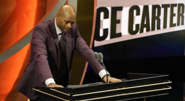 SPRINGFIELD, MASSACHUSETTS - OCTOBER 13: Vince Carter reacts at the podium during the 2024 Naismith Basketball Hall of Fame Induction at Symphony Hall on October 13, 2024 in Springfield, Massachusetts.,Image: 920699899, License: Rights-managed, Restrictions: , Model Release: no, Credit line: Joe Buglewicz / Getty images / Profimedia
