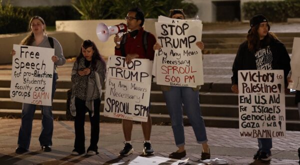 epa11706587 Students react to the victory of former US President Donald Trump in the recent US presidential race, as well as protest the Gaza conflict on the campus of the University of California, Berkeley; in Berkeley, California, USA, 06 November 2024.  EPA/JOHN G. MABANGLO