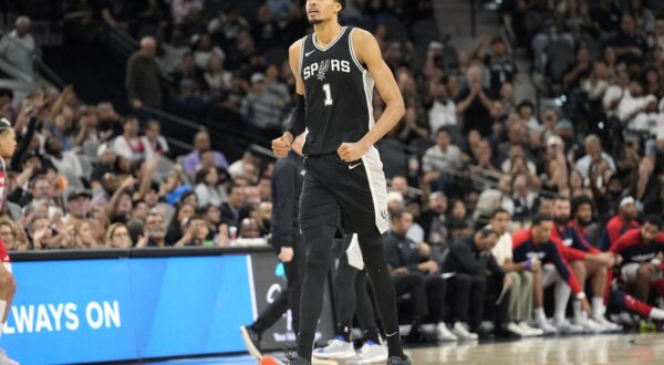 Nov 13, 2024; San Antonio, Texas, USA; San Antonio Spurs center Victor Wembanyama (1) reacts during the second half against the Washington Wizards at Frost Bank Center. Mandatory Credit: Scott Wachter-Imagn Images Photo: Scott Wachter/REUTERS