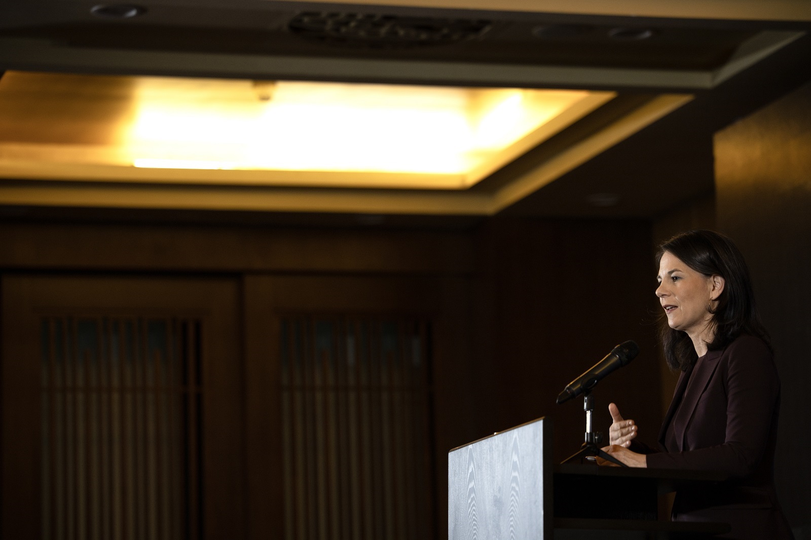 epa11752742 German Foreign Minister Annalena Baerbock speaks during a press briefing in Beijing, China, 02 December 2024. German Minister Baerbock is on an official visit to China from 02 until 03 December.  EPA/ANDRES MARTINEZ CASARES