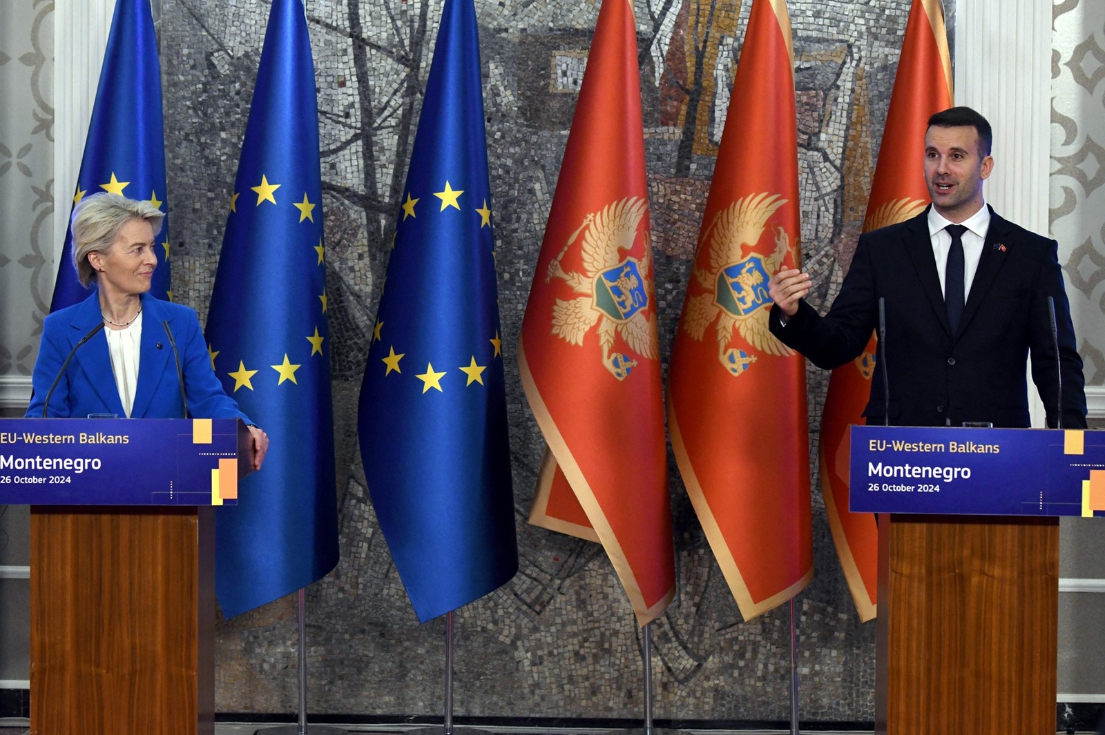 European Commission President Ursula Von der Leyen (L) and Montenegro's Prime Minister Milojko Spajic (R) hold a press conference after a bilateral meeting, in Podgorica, on October 26, 2024 as part of a one-day official visit to Montenegro during her Western Balkans tour.,Image: 926677907, License: Rights-managed, Restrictions: , Model Release: no, Credit line: SAVO PRELEVIC / AFP / Profimedia