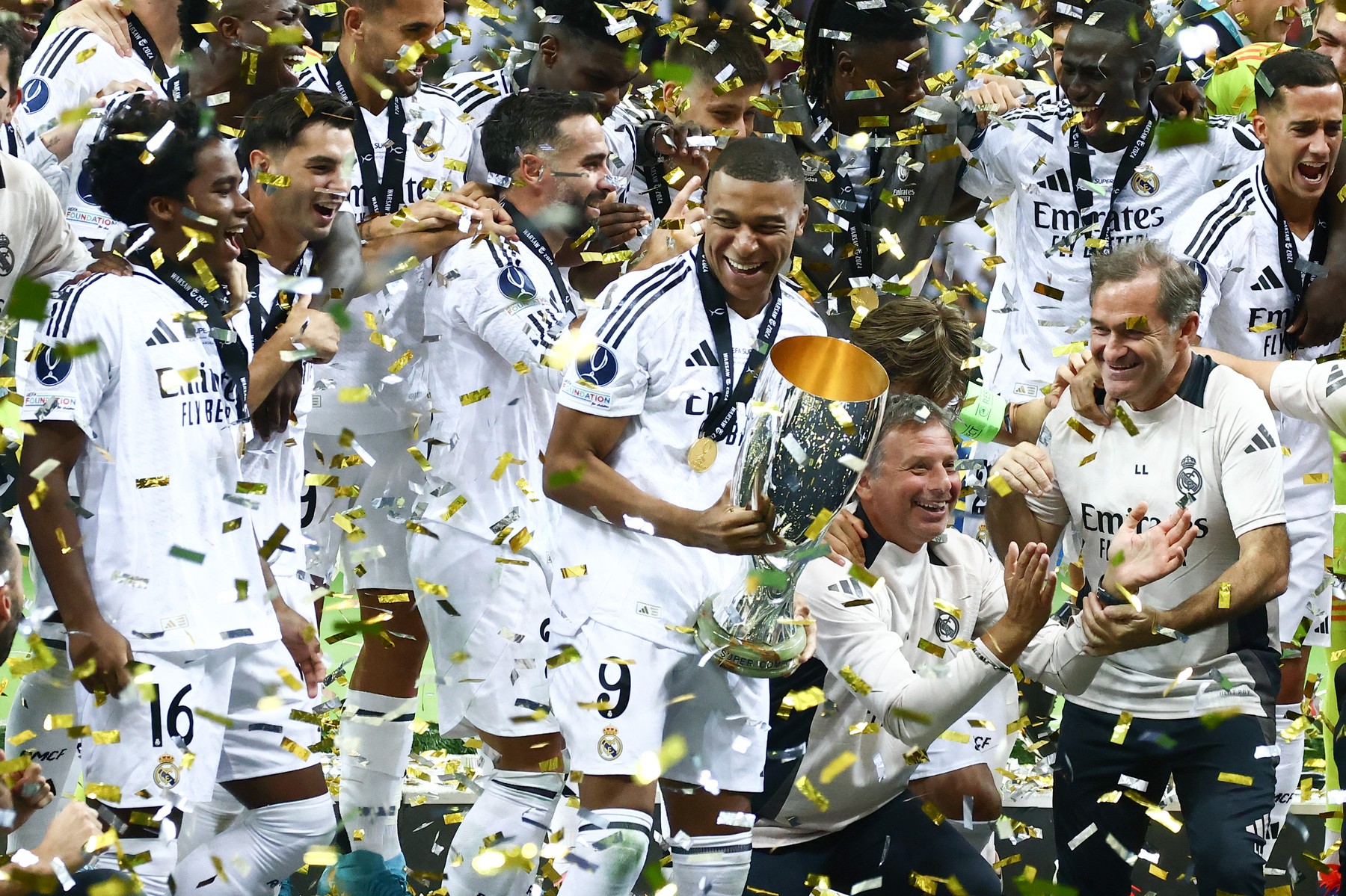 August 14, 2024, Warsaw, Poland: Kylian Mbappe celebrates with other players of Real madrid  after winning UEFA Super Cup with Atalanta BC at National Stadium in Warsaw, Poland on August 14, 2024.,Image: 898778581, License: Rights-managed, Restrictions: , Model Release: no, Credit line: Beata Zawrzel / Zuma Press / Profimedia
