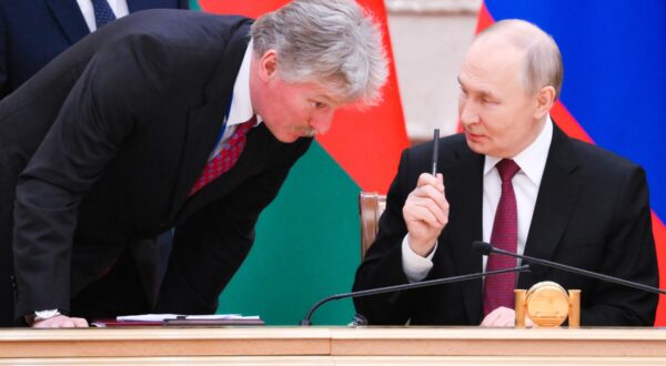 BELARUS, MINSK - DECEMBER 6, 2024: Russia's President Vladimir Putin (R) talks to his Press Secretary Dmitry Peskov during a meeting of the Supreme State Council of the Union State of Russia and Belarus. Grigory Sysoyev/POOL/TASS,Image: 943648675, License: Rights-managed, Restrictions: , Model Release: no, Credit line: Grigory Sysoyev / TASS / Profimedia