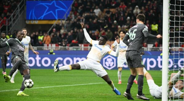 AC Milan's English forward #90 Tammy Abraham scores his team's second goal during the UEFA Champions League football match between AC Milan and Red Star Belgrade (Crvena zvezda) at San Siro stadium in Milan, on December 11, 2024.,Image: 945644685, License: Rights-managed, Restrictions: , Model Release: no, Credit line: Alberto PIZZOLI / AFP / Profimedia