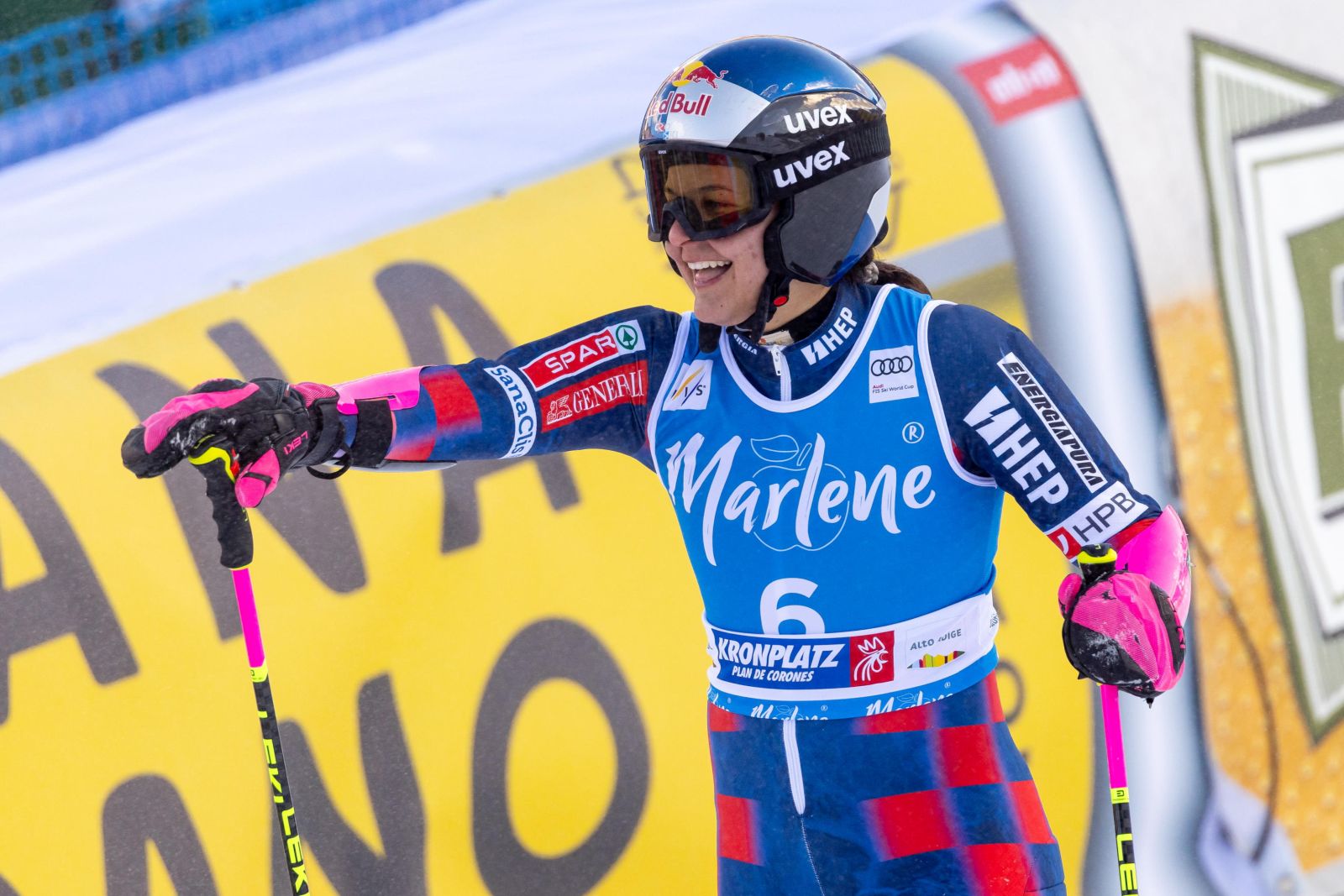 epa11842267 Zrinka Ljutic of Croatia reacts in the finish area during the Women's Giant Slalom race at the FIS Alpine Skiing World Cup in Kronplatz, Italy, 21 January 2025.  EPA/ANDREA SOLERO