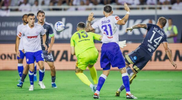15.08.2024., stadion Poljud, Split - Uzvratna utakmica 3. pretkola kvalifikacija za UEFA Konferencijsku ligu, HNK Hajduk - MFK Ruzomberok. Zvonimir Sarlija, Jan Hladik Photo: Zvonimir Barisin/PIXSELL