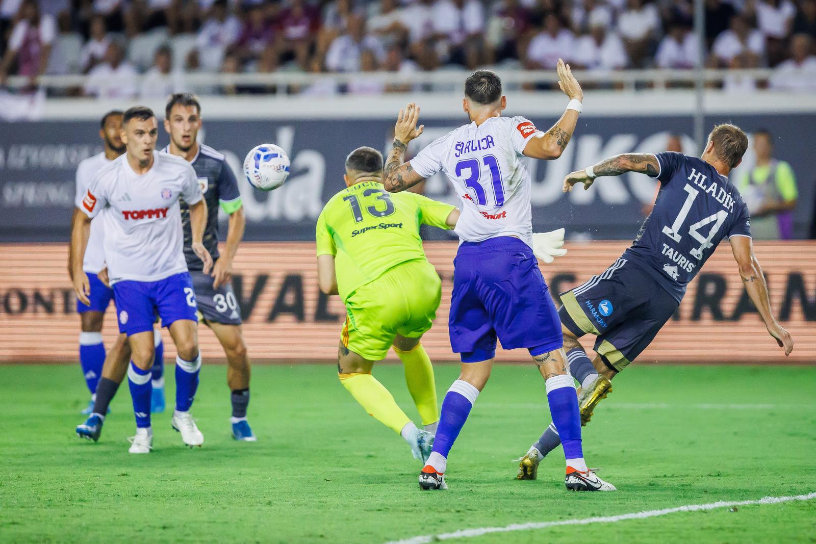 15.08.2024., stadion Poljud, Split - Uzvratna utakmica 3. pretkola kvalifikacija za UEFA Konferencijsku ligu, HNK Hajduk - MFK Ruzomberok. Zvonimir Sarlija, Jan Hladik Photo: Zvonimir Barisin/PIXSELL