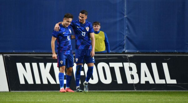 15.10.2024., Gradski stadion Ivan Kusek Apas, Koprivnica - Kvalifikacije za UEFA Europsko U-21 prvenstvo, skupina G, Hrvatska - Grcka. Nogometasi Hrvatske slave pogodak Lukasa Kacavende za vodstvo 1:0. Lukas Kacavenda, Franjo Ivanovic Photo: Vjeran Zganec Rogulja/PIXSELL