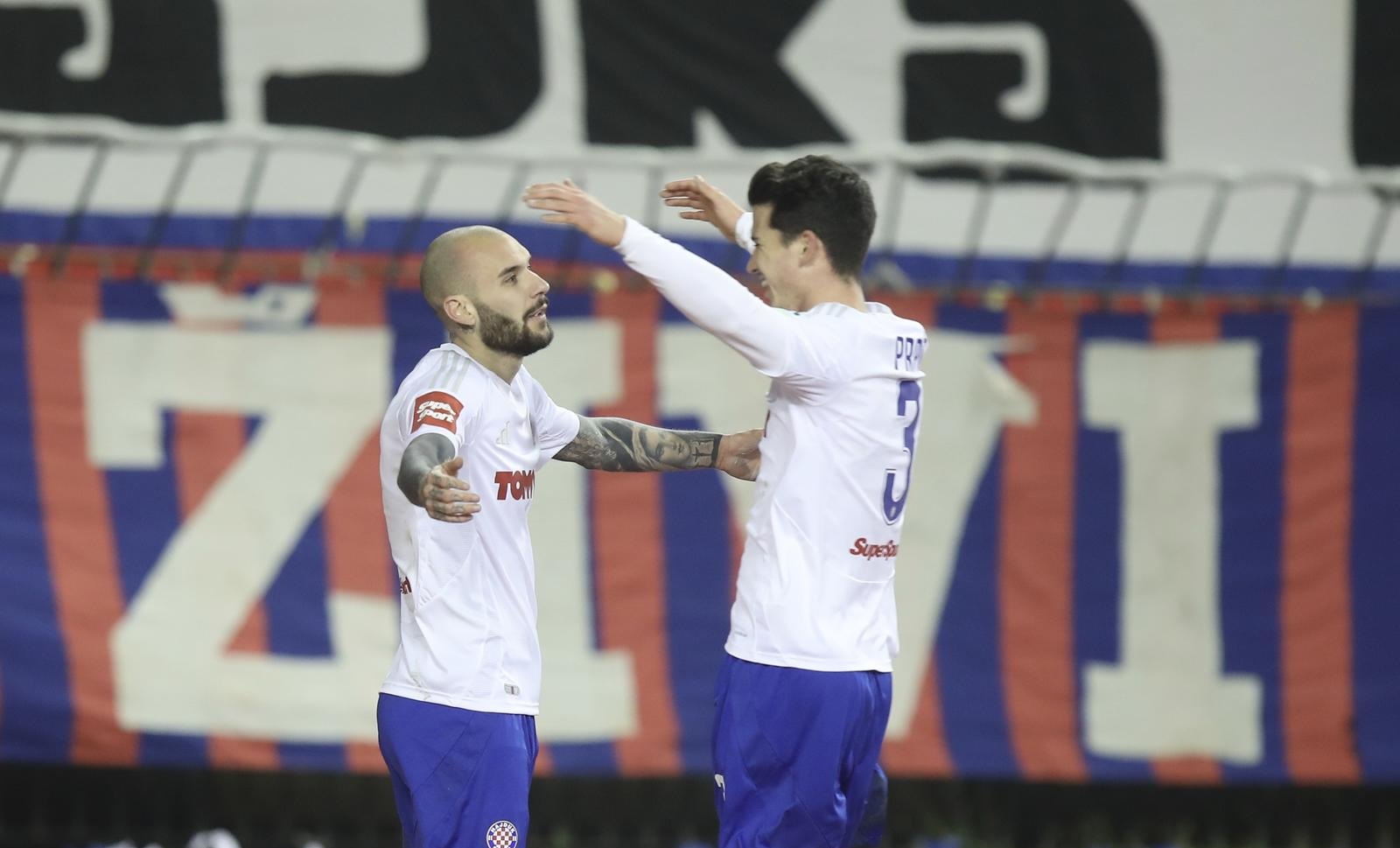 15.12.2024., stadion Poljud, Split - SuperSport HNL, 17. kolo, HNK Hajduk - HNK Rijeka. Slavlje nogometasa Hajduka nakon pogotka Anthonyja Kalika za vodstvo 2:1. Anthony Kalik, Dominik Prpic Photo: Ivo Cagalj/PIXSELL