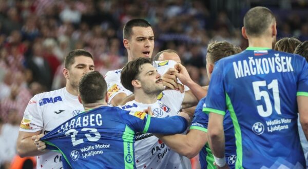 26.01.2025., Arena Zagreb, Zagreb - IHF Svjetsko rukometno prvenstvo 2025., drugi krug, skupina IV, Hrvatska - Slovenija. Marin Sipic, Miha Zarabec, Filip Glavas, Mateo Maras Photo: Sanjin Strukic/PIXSELL