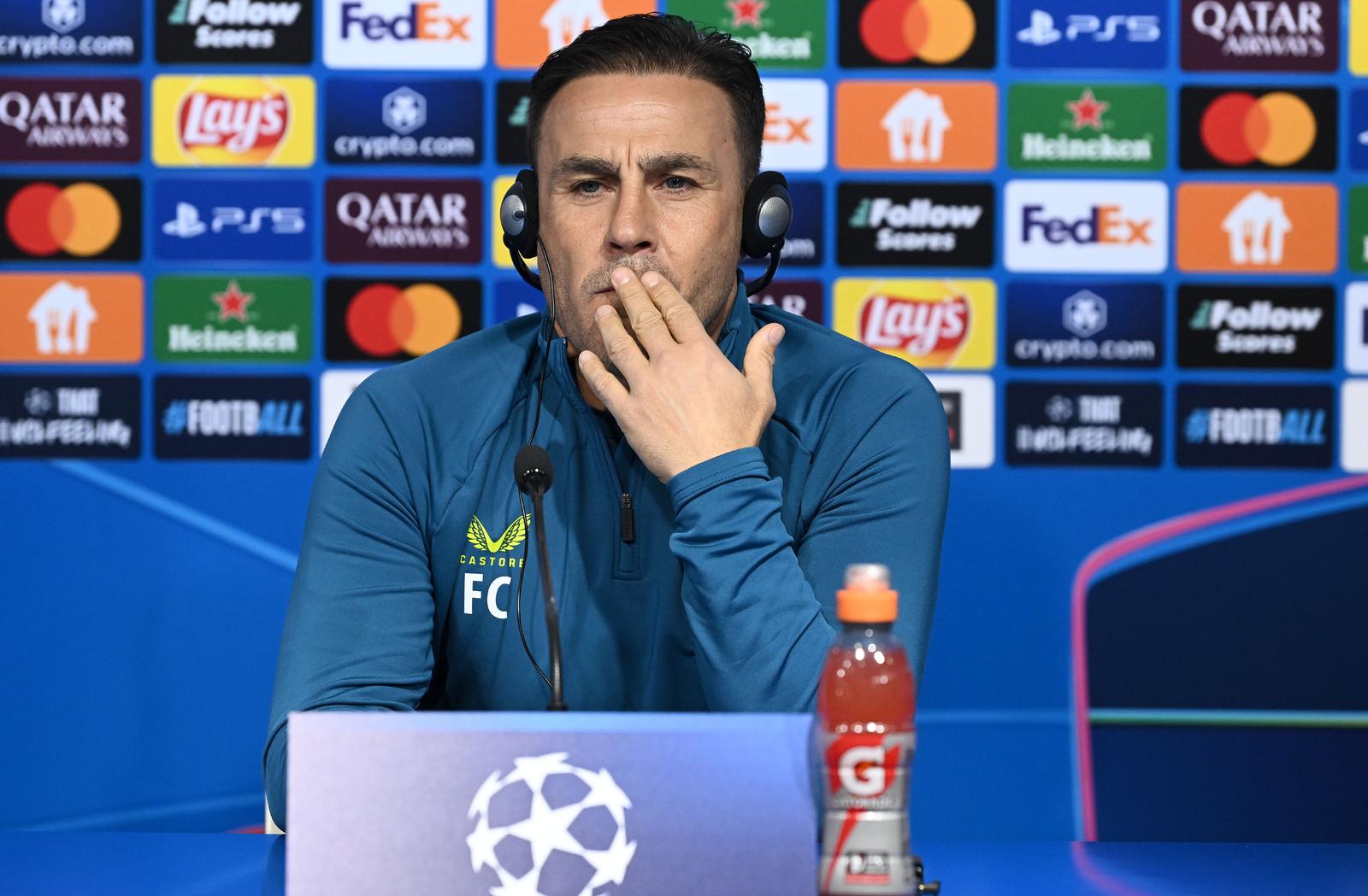 27.01.2025., Zagreb - Stadion maksimir, konferencija za medije uoci utakmice zadnjeg kola lige prvaka GNK Dinamo - AC Milan. Trener Dinama Fabio Cannavaro, Luka Stojkovic, Marko Bosnir Photo: Marko Lukunic/PIXSELL