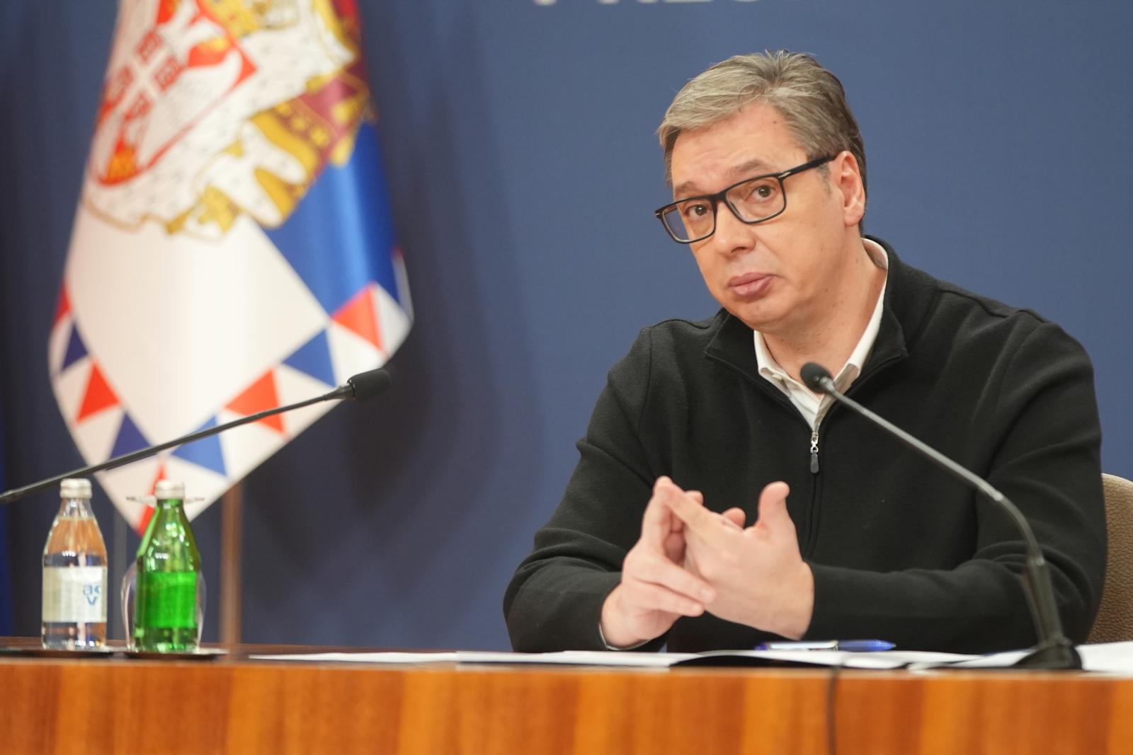 28, January, 2025, Belgrade - The President of the Republic of Serbia Aleksandar Vucic addressed the public in the Palace of Serbia. Aleksandar Vucic. Photo: Antonio Ahel/ATAImages

28, januar, 2025, Beograd - Predsednik Republike Srbije Aleksandar Vucic obratio se javnosti u u Palati Srbija. Photo: Antonio Ahel/ATAImages Photo: Antonio Ahel/ATAImages/PIXSELL