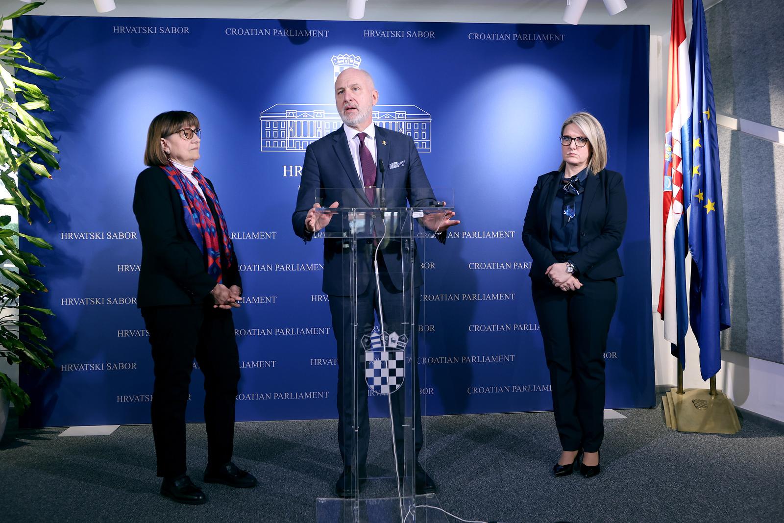 31.01.2025., Zagreb - Nakon zavrsetka zajednicke, zatvorene, tematske sjednice Odbora za vanjsku politiku i Odbora za Hrvate izvan Republike Hrvatske o temi: „Polozaj Hrvata u Vojvodini i Republici Srbiji u sadasnjem politickom trenutku“ govorili su predstavnici odbora.
 Photo: Patrik Macek/PIXSELL