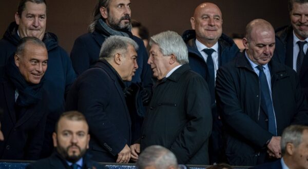FC Barcelona president Joan Laporta and Cerezo (Atl?tico de Madrid President) seen in action during a La Liga EA Sports match between FC Barcelona and Atletico de Madrid at Estadi Olimpic Lluís Companys. Final Score: FC Barcelona 1 - 2 Atletico de Madrid. - Felipe Mondino / SOPA Images//SOPAIMAGES_sopa011326/Credit:SOPA Images/SIPA/2412221009,Image: 949233296, License: Rights-managed, Restrictions: , Model Release: no, Credit line: SOPA Images / Sipa Press / Profimedia