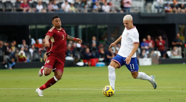 US forward #11 Matko Miljevic shoots on goal as Venezuelan defender #3 Anthony Graterol tries to block the shot during the USA against Venezuela international friendly at Chase Stadium in Fort Lauderdale, Florida, on January 18, 2025.,Image: 955105372, License: Rights-managed, Restrictions: , Model Release: no, Credit line: Chris Arjoon / AFP / Profimedia