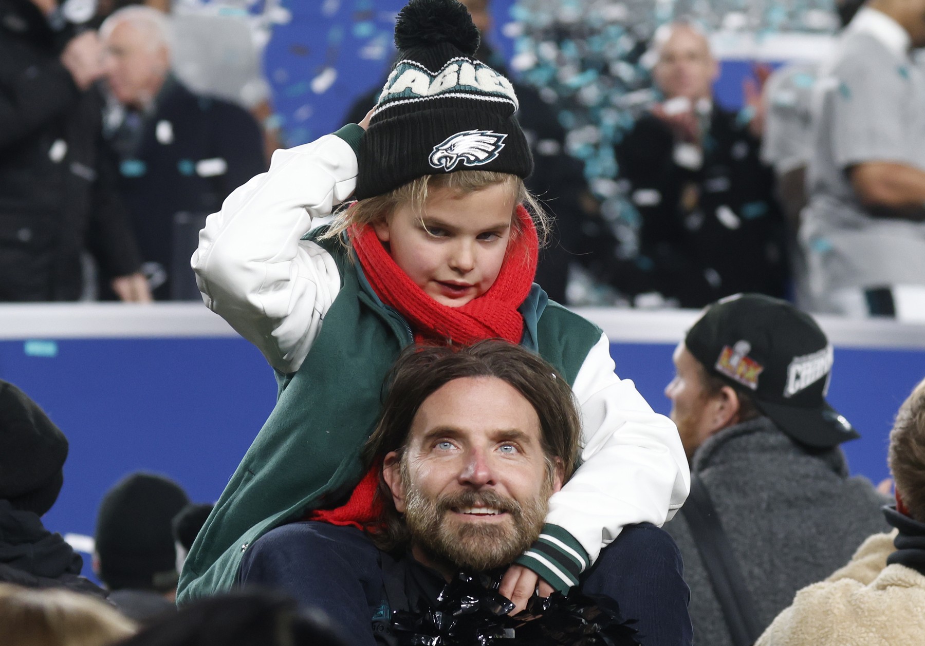 Actor and Philadelphia Eagles fan Bradley Cooper celebrates with his daughter Lea after the Eagles defeated the Washington Commanders in the NFC Championship game at Lincoln Financial Field in Philadelphia, on Sunday, January 26, 2025. The Eagles defeated Washington 55-23 and advance to the Super Bowl against the Kansas City Chiefs or Buffalo Bills on February 9, 2025. Photo by /UPI,Image: 957921047, License: Rights-managed, Restrictions: , Model Release: no, Credit line: JOHN ANGELILLO / UPI / Profimedia