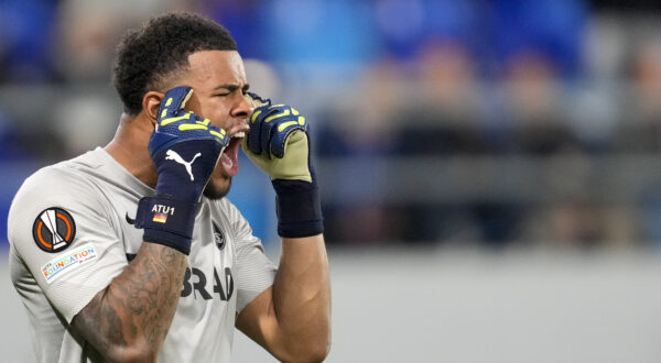 Freiburg's goalkeeper Noah Atubolu reacts during the Europa League group A soccer match between FK TSC Backa Topola and Freiburg at the TSC Arena in Backa Topola, Serbia, Thursday, Oct. 26, 2023. (AP Photo/Darko Vojinovic)