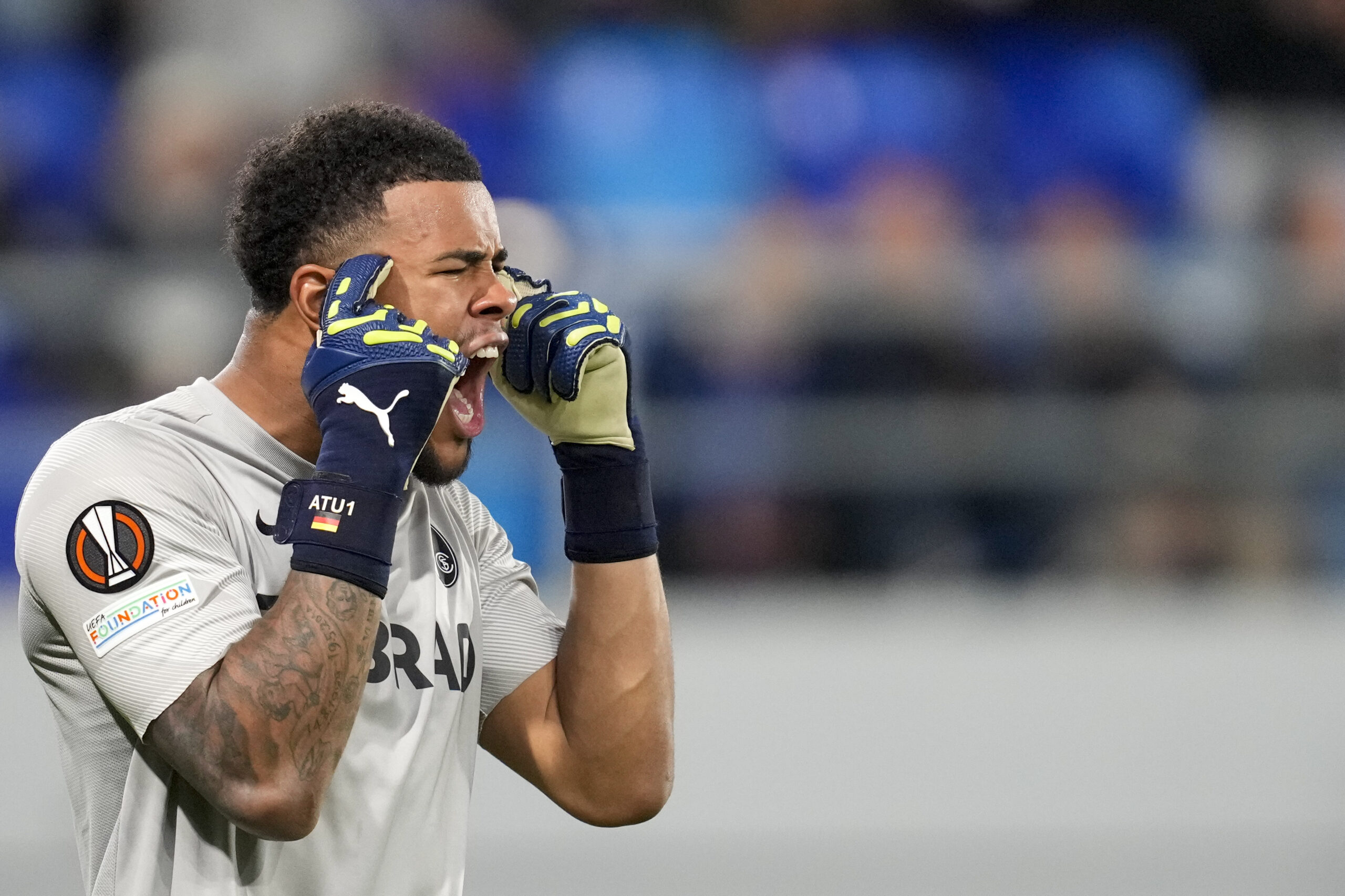 Freiburg's goalkeeper Noah Atubolu reacts during the Europa League group A soccer match between FK TSC Backa Topola and Freiburg at the TSC Arena in Backa Topola, Serbia, Thursday, Oct. 26, 2023. (AP Photo/Darko Vojinovic)