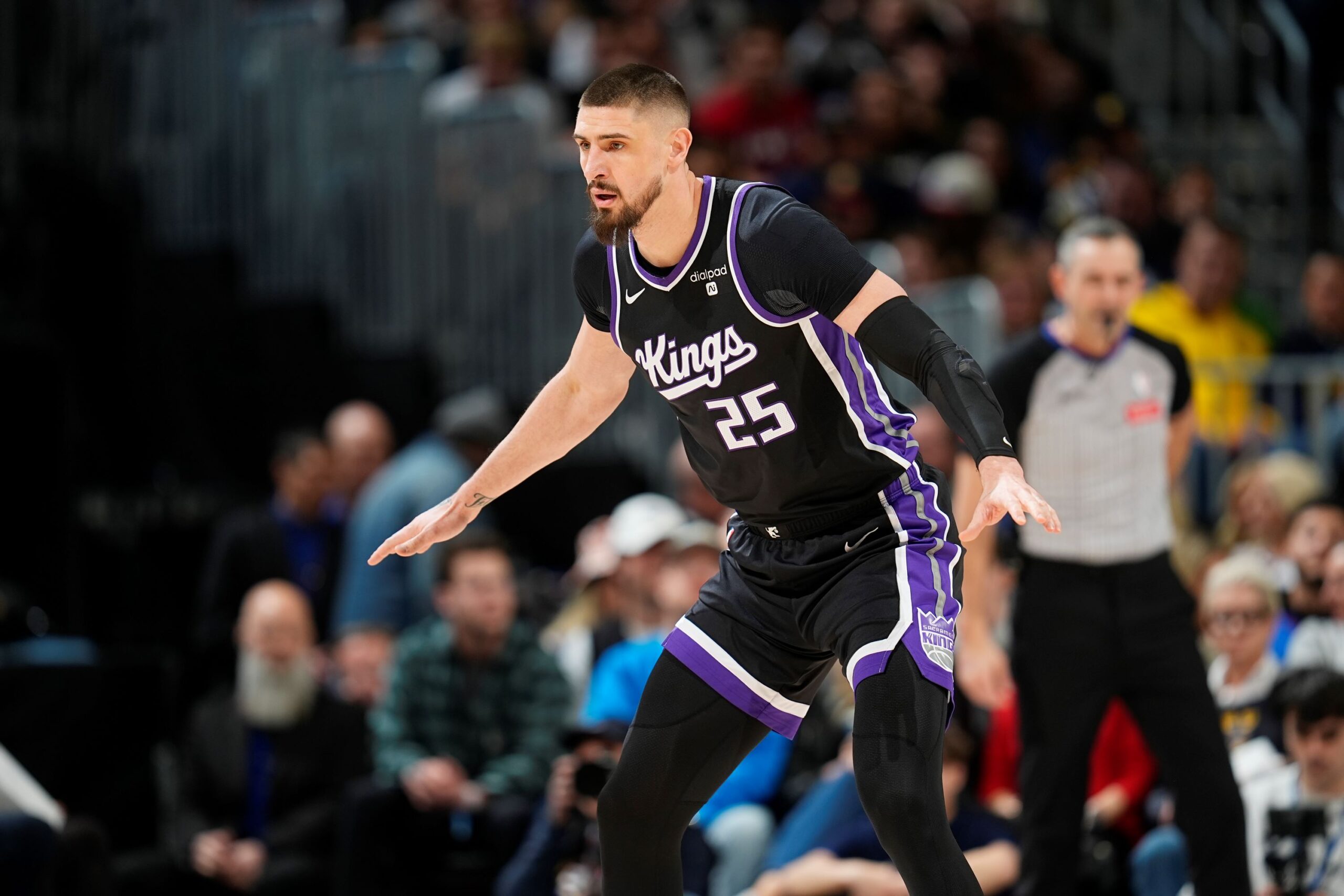 Sacramento Kings center Alex Len (25) in the first half of an NBA basketball game Wednesday, Feb. 28, 2024, in Denver. (AP Photo/David Zalubowski) Kings Nuggets Basketball