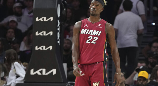 FILE - Miami Heat forward Jimmy Butler (22) stands on the court during the second half of an NBA basketball game against the Portland Trail Blazers, Tuesday, Jan. 21, 2025, in Miami. (AP Photo/Lynne Sladky, File)