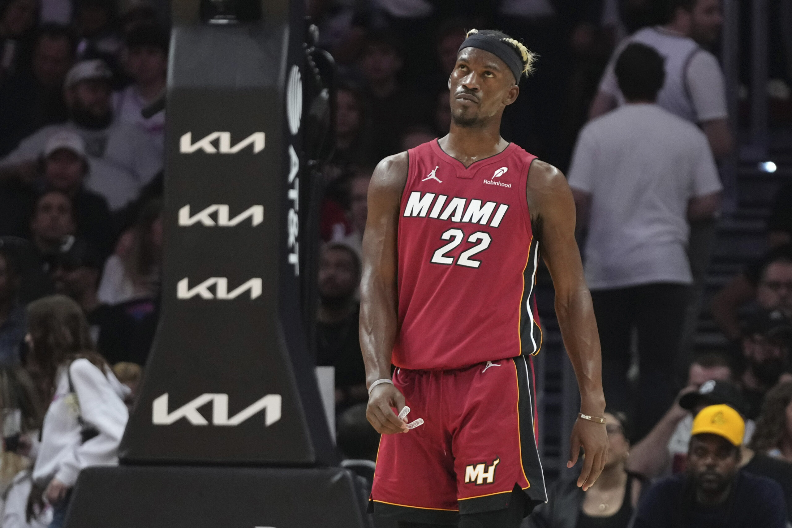 FILE - Miami Heat forward Jimmy Butler (22) stands on the court during the second half of an NBA basketball game against the Portland Trail Blazers, Tuesday, Jan. 21, 2025, in Miami. (AP Photo/Lynne Sladky, File)
