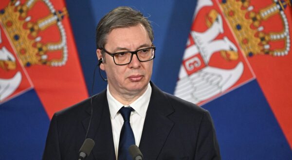 Serbian President Aleksandar Vucic listens during a joint press conference with the Hungarian Prime Minister at the Prime Minister's Office at Buda Castle in Budapest, Hungary, on February 17, 2025.   The Serbian President is decorated with the Hungarian Order of Merit’s Grand Cross with Chain, an award reserved for Hungarian and foreign heads of state, by his Hungarian counterpart Tamas Sulyok.,Image: 965233283, License: Rights-managed, Restrictions: , Model Release: no, Credit line: Attila KISBENEDEK / AFP / Profimedia