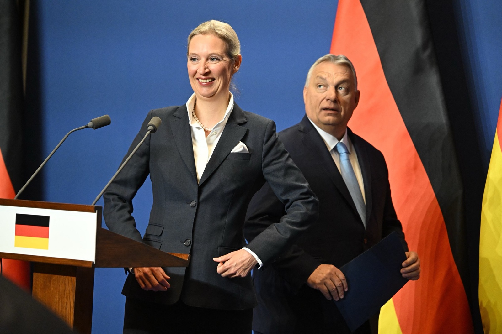 The co-leader of Germany's far-right Alternative for Germany (AfD) party Alice Weidel (L) and Hungarian Prime Minister Viktor Orban attend a joint press conference in the Hungarian prime minister's office, the Karmelita monastery in Budapest, following talks on February 12, 2025.,Image: 962751047, License: Rights-managed, Restrictions: , Model Release: no, Credit line: Attila KISBENEDEK / AFP / Profimedia