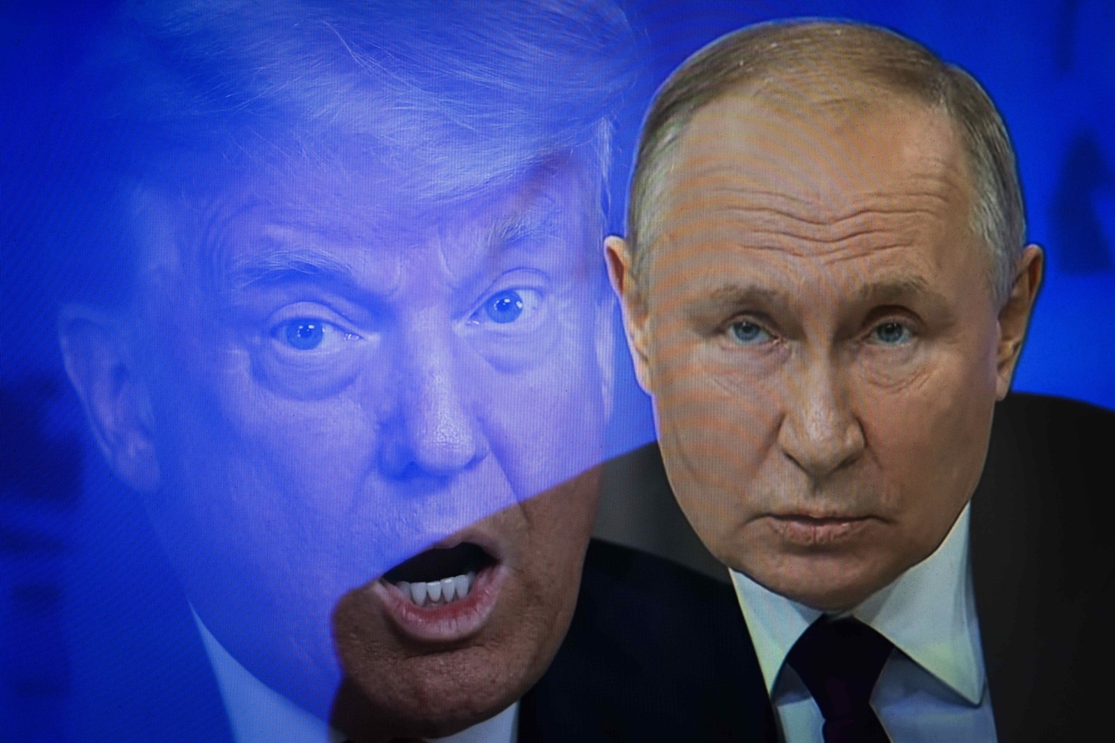 February 15, 2025, Russia: (EDITOR'S NOTE: This image has been created by shooting a TV screen using multiple exposure in the camera) .In this photo illustration, shows the United States President Donald Trump and Russian President Vladimir Putin. A lengthy telephone conversation took place between Russian President Vladimir Putin and US President Donald Trump. The heads of state discussed issues related to artificial intelligence, the Middle East and energy. The main topic was the issue of a settlement in Ukraine. Donald Trump spoke in favor of an early cessation of hostilities and a peaceful solution to the problem. Vladimir Putin, for his part mentioned the need to eliminate the root causes of the conflict and agreed with Donald Trump that a long-term settlement can be achieved through peaceful negotiations. Both sides instructed their teams to begin negotiations ''immediately.'' The negotiations on the American side will be led by Secretary of State Marco Rubio, CIA Director John Ratcliffe, National Security Advisor Michael Waltz and Special Envoy Steve Witkoff. According to the latest information, an American delegation of high-ranking officials from the Trump administration has traveled to Saudi Arabia for talks with the Russian side.,Image: 964952915, License: Rights-managed, Restrictions: , Model Release: no, Credit line: Artem Priakhin / Zuma Press / Profimedia