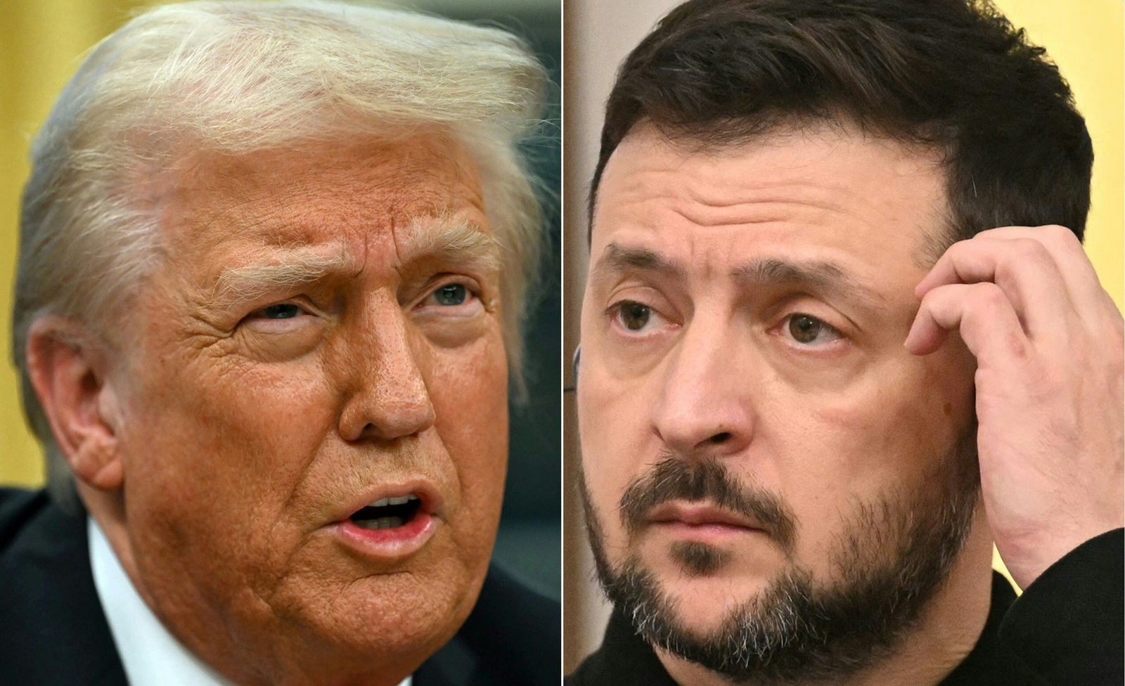 (COMBO) This combination of pictures created on February 12, 2025 shows (L-R) US President Donald Trump on February 10, 2025, in Washington, DC and Ukraine's President Volodymyr Zelensky in Warsaw, Poland on January 15, 2025.
 Ukrainian President Volodymyr Zelensky held a telephone call with Donald Trump on February 12, 2025, the presidency in Kyiv said, shortly after the US president said he spoke with Russian President Vladimir Putin. The Ukrainian presidency told reporters that the call lasted approximately one hour. Trump had earlier said he would call Zelensky after speaking with Putin.,Image: 962862898, License: Rights-managed, Restrictions: , Model Release: no, Credit line: ANDREW CABALLERO-REYNOLDS / AFP / Profimedia