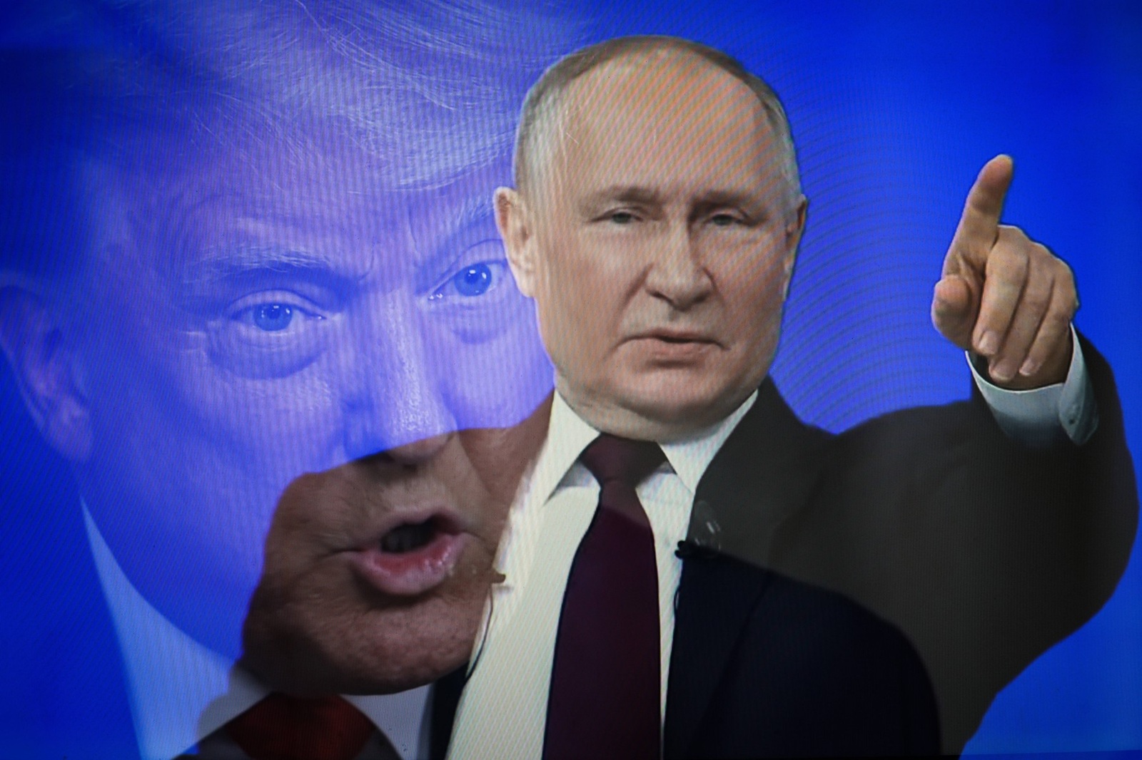 (EDITOR'S NOTE: This image has been created by shooting a TV screen using multiple exposure in the camera) 
In this photo illustration, shows the United States President Donald Trump and Russian President Vladimir Putin. A lengthy telephone conversation took place between Russian President Vladimir Putin and US President Donald Trump. The heads of state discussed issues related to artificial intelligence, the Middle East and energy. The main topic was the issue of a settlement in Ukraine. Donald Trump spoke in favor of an early cessation of hostilities and a peaceful solution to the problem. Vladimir Putin, for his part mentioned the need to eliminate the root causes of the conflict and agreed with Donald Trump that a long-term settlement can be achieved through peaceful negotiations. Both sides instructed their teams to begin negotiations "immediately." The negotiations on the American side will be led by Secretary of State Marco Rubio, CIA Director John Ratcliffe, National Security Advisor Michael Waltz and Special Envoy Steve Witkoff. According to the latest information, an American delegation of high-ranking officials from the Trump administration has traveled to Saudi Arabia for talks with the Russian side. - Artem Priakhin / SOPA Images//SOPAIMAGES_2L7A2780/Credit:SOPA Images/SIPA/2502161200,Image: 964730256, License: Rights-managed, Restrictions: , Model Release: no, Credit line: SOPA Images / Sipa Press / Profimedia