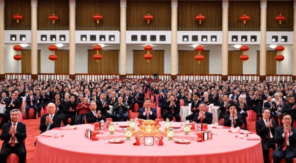 epa11856539 Party and state leaders Xi Jinping, Li Qiang, Zhao Leji, Wang Huning, Cai Qi, Ding Xuexiang, Li Xi and Han Zheng attend a high-level reception to ring in the Chinese New Year at the Great Hall of the People in Beijing, China, 27 January 2025. The CPC Central Committee and the State Council held the reception in Beijing on 27 January.  EPA/XINHUA / XIE HUANCHI CHINA OUT / UK AND IRELAND OUT  /       MANDATORY CREDIT EDITORIAL USE ONLY
