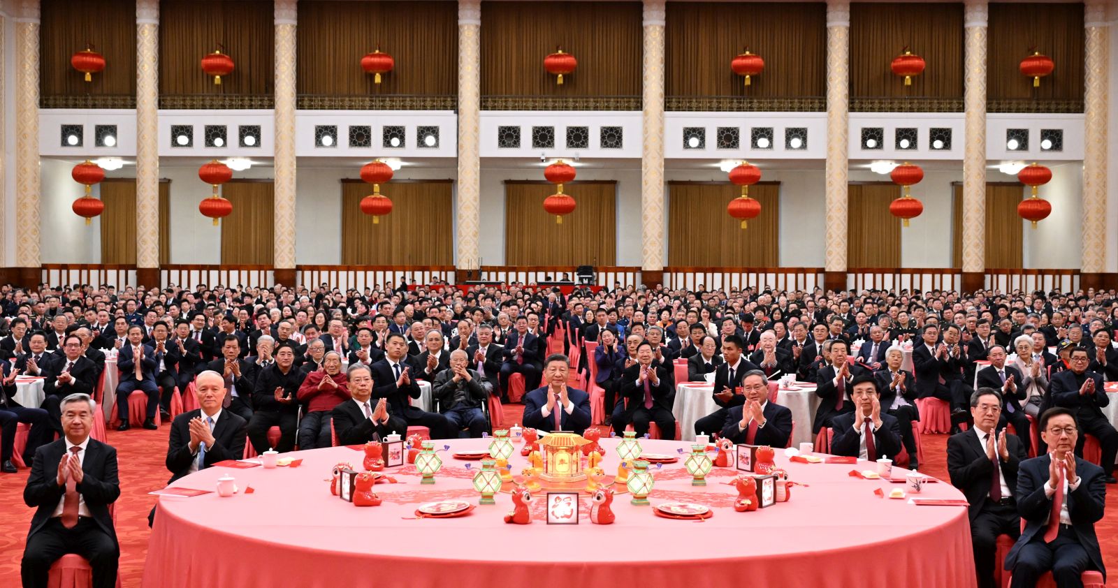 epa11856539 Party and state leaders Xi Jinping, Li Qiang, Zhao Leji, Wang Huning, Cai Qi, Ding Xuexiang, Li Xi and Han Zheng attend a high-level reception to ring in the Chinese New Year at the Great Hall of the People in Beijing, China, 27 January 2025. The CPC Central Committee and the State Council held the reception in Beijing on 27 January.  EPA/XINHUA / XIE HUANCHI CHINA OUT / UK AND IRELAND OUT  /       MANDATORY CREDIT EDITORIAL USE ONLY
