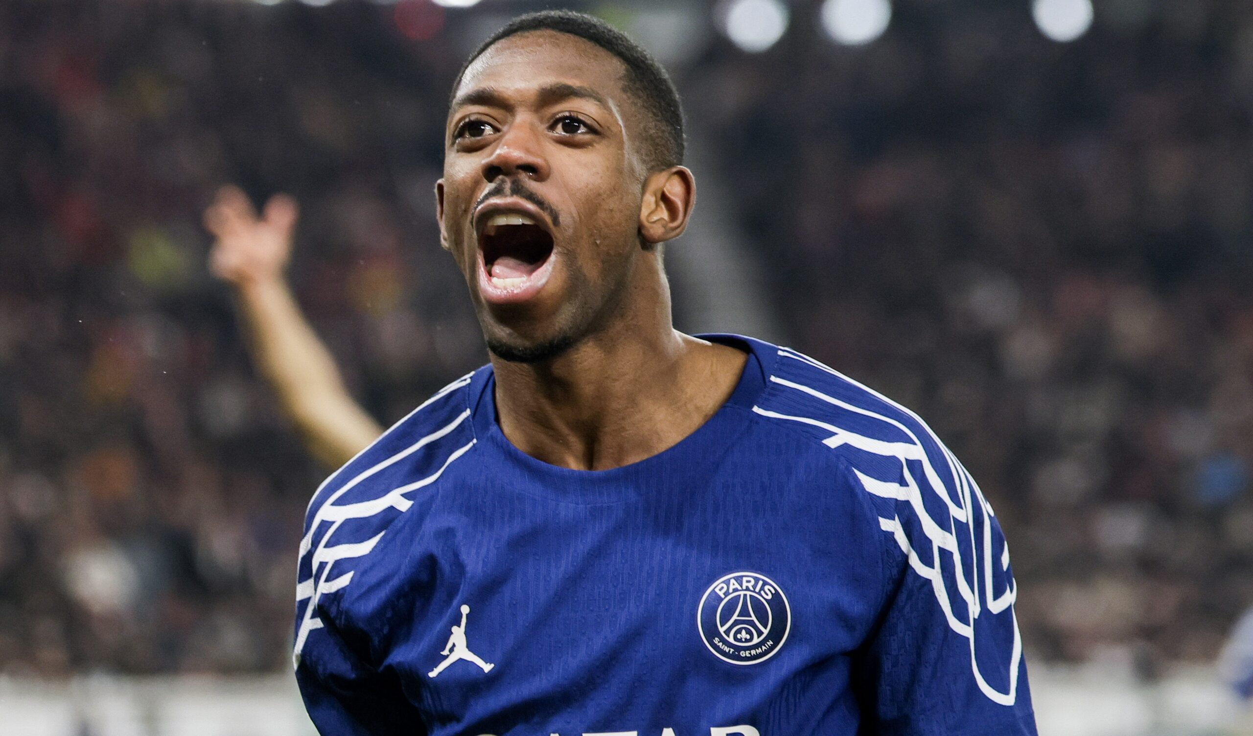 epa11862030 Ousmane Dembele of Paris Saint Germain celebrate after scoring the 0-4 goal during the UEFA Champions League match between VFB Stuttgart and Paris Saint-Germain in Stuttgart, Germany, 29 January 2025.  EPA/RONALD WITTEK