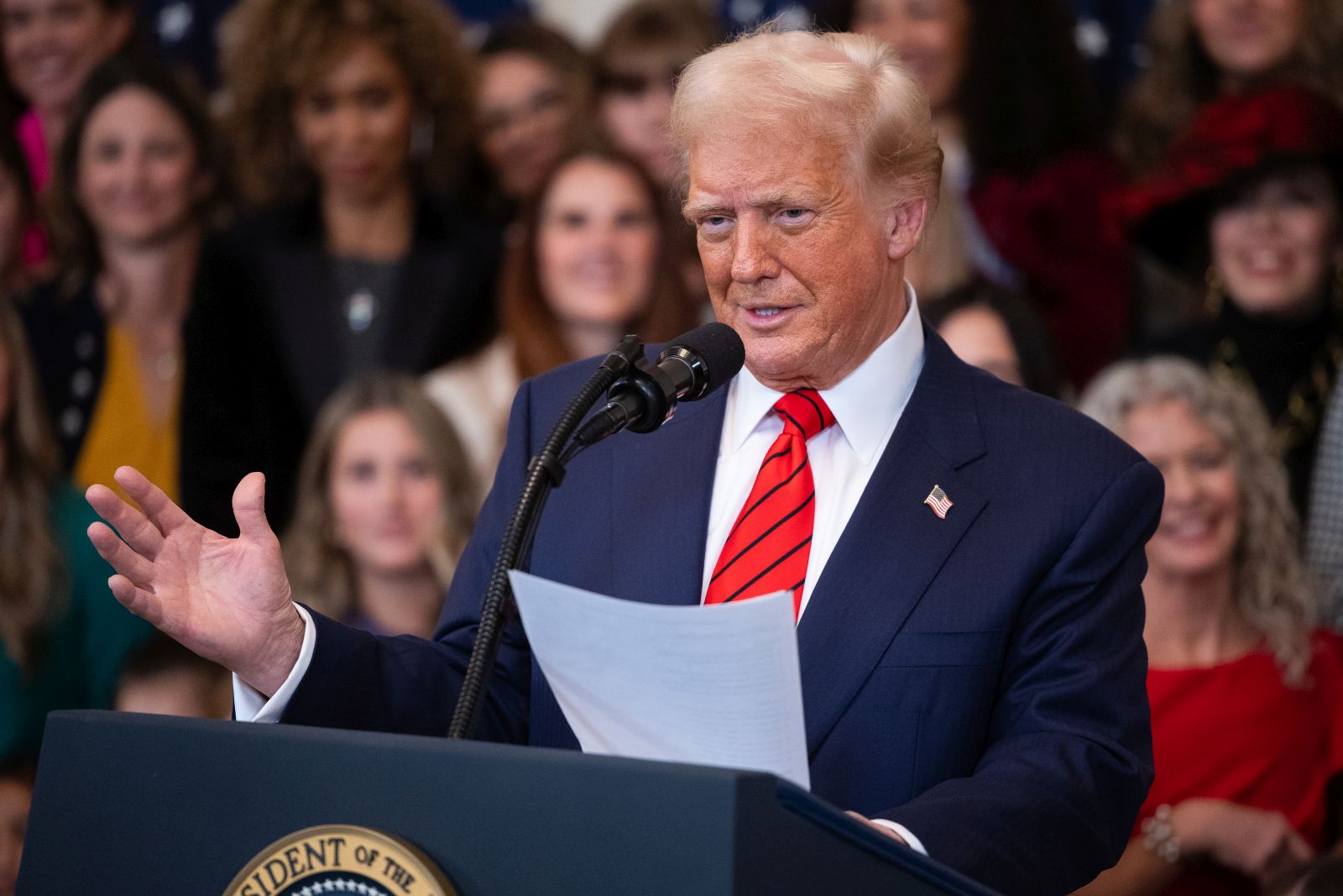 epa11877787 US President Donald Trump speaks during an event before signing an executive order related to transgender athletes in women's sports, at the White House in Washington, DC, USA, 05 February 2025.  EPA/FRANCIS CHUNG / POOL