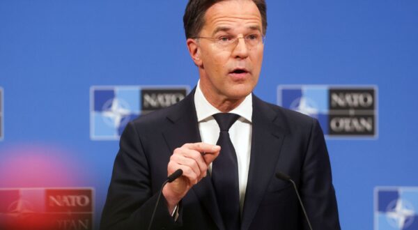 epa11890363 NATO Secretary-General Mark Rutte gives a press conference ahead to a North Atlantic Treaty Organization (NATO) Defense Ministers' meeting at the alliance's headquarters in Brussels, Belgium, 12 February 2025.  EPA/OLIVIER HOSLET