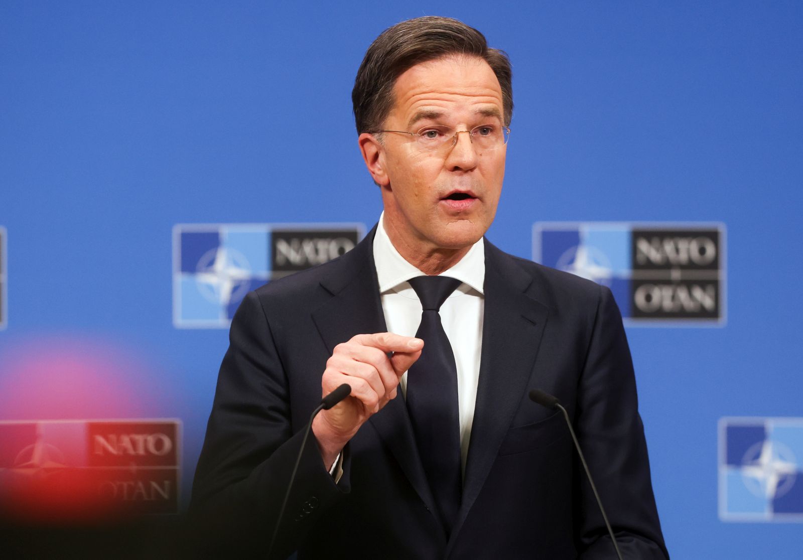 epa11890363 NATO Secretary-General Mark Rutte gives a press conference ahead to a North Atlantic Treaty Organization (NATO) Defense Ministers' meeting at the alliance's headquarters in Brussels, Belgium, 12 February 2025.  EPA/OLIVIER HOSLET